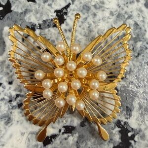 Gold Butterfly Brooch with Pearl Accents